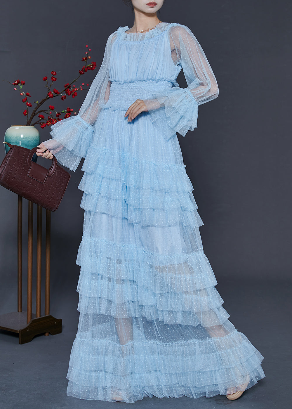 Blue Elastic Waist Patchwork Tulle Party Dress Fall