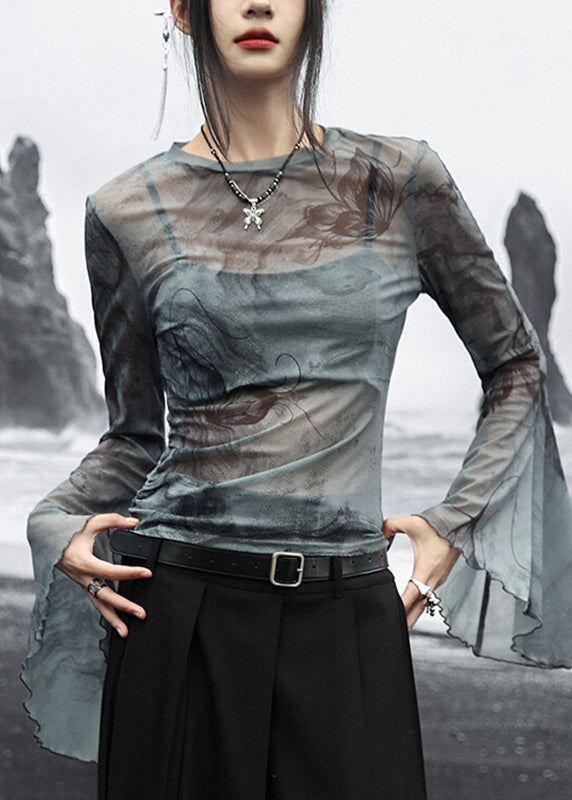 Slim Fit Grey O-neck Print Tulle Tops Flare Sleeve