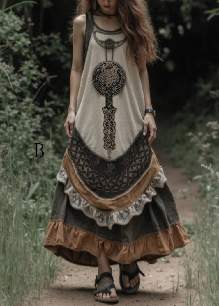 National Style Patchwork Vacation Long Dress Summer