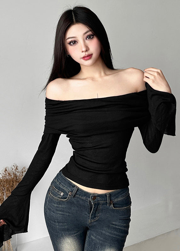 Slim Fit Black Slash Neck Tulle Tops Long Sleeve