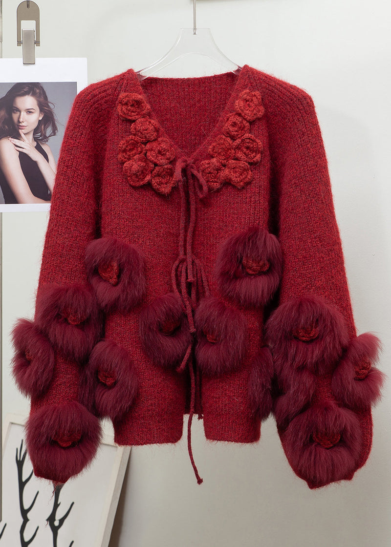 Beige Lace Up Fox Fur Patchwork Knit Coats Winter