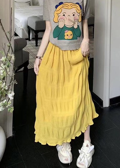 Yellow Elastic Waist Wrinkled Cotton Skirt Summer