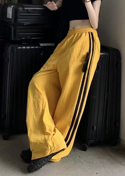 Yellow Striped Elastic Waist Cotton Pants Spring