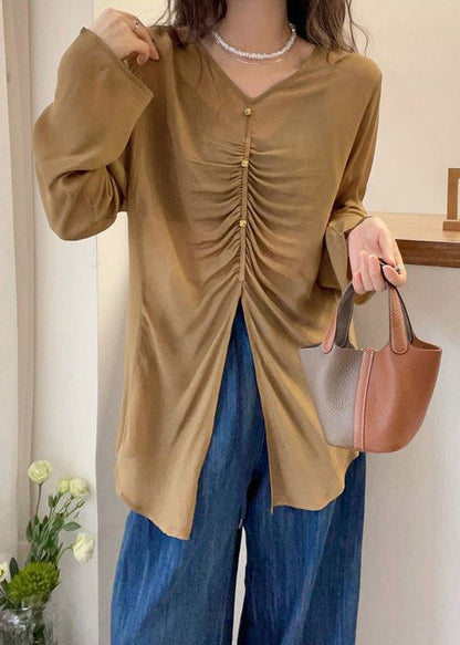 Khaki Front Open Cotton Fall Blouses V Neck