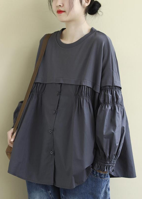 Loose Black O-neck Patchwork Button Cotton Top Long Sleeve