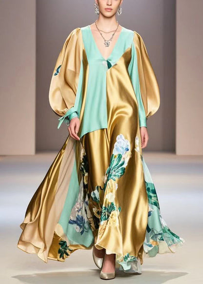 Golden Asymmetrical Patchwork Print Silk Vacation Dress Fall