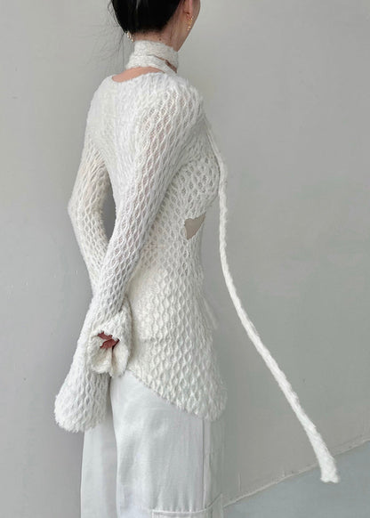 Style White Asymmetrical Hollow Out Knit Shirt Top Fall