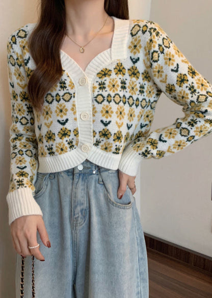 Purple V Neck Button Print Knit Short Cardigans Spring