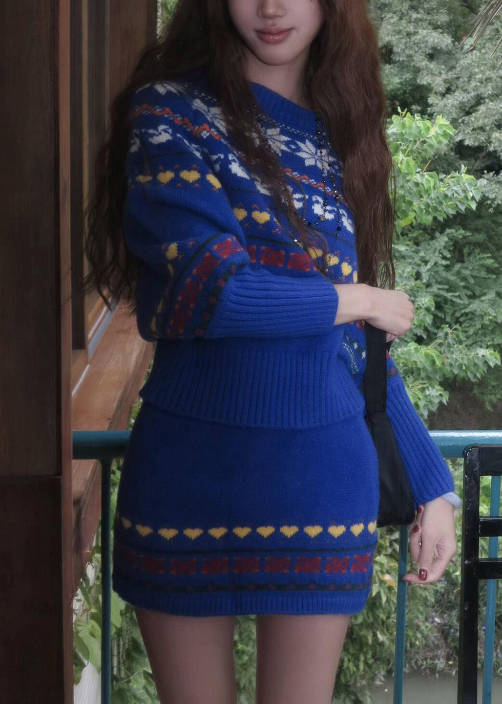 Novelty Blue Slash Neck Print Cotton Knit Sweater and Skirts Two Pieces Set Fall