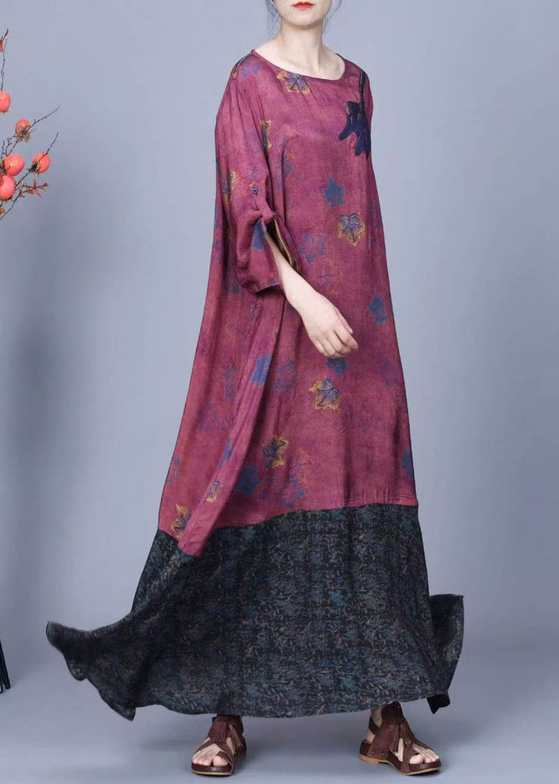 Purple Print Pockets Patchwork Silk Long Dresses Spring