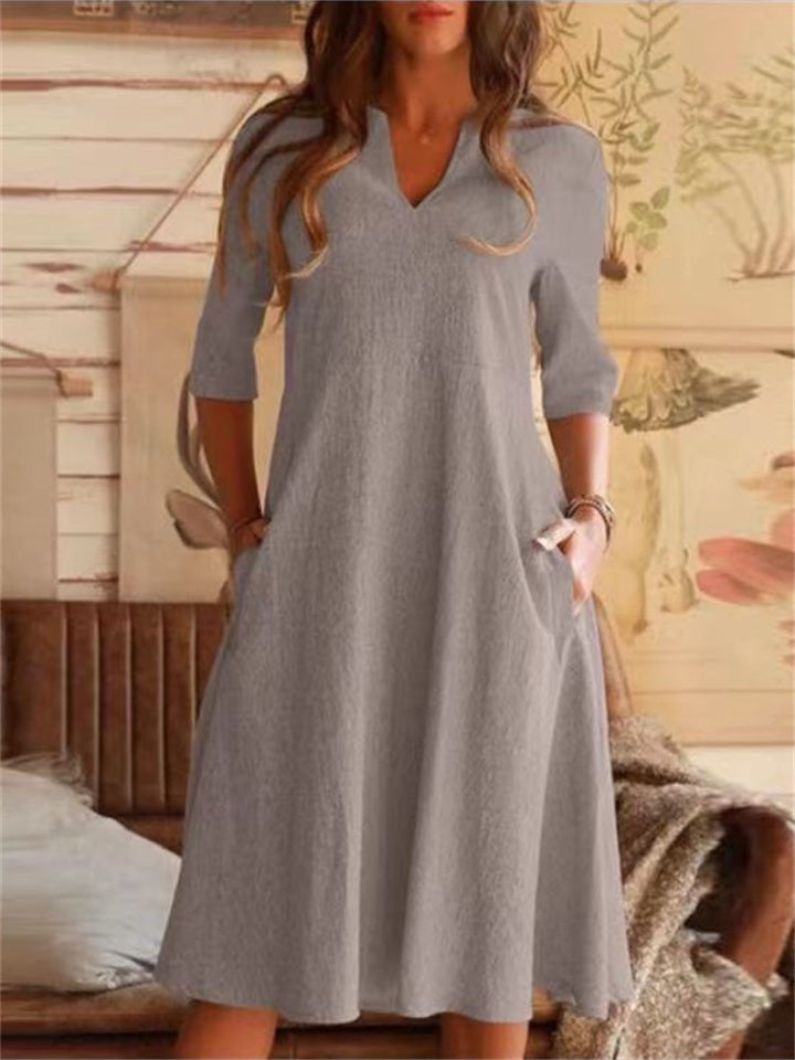 New V-neck Color Cotton Linen Pocket Mid-sleeve Dress