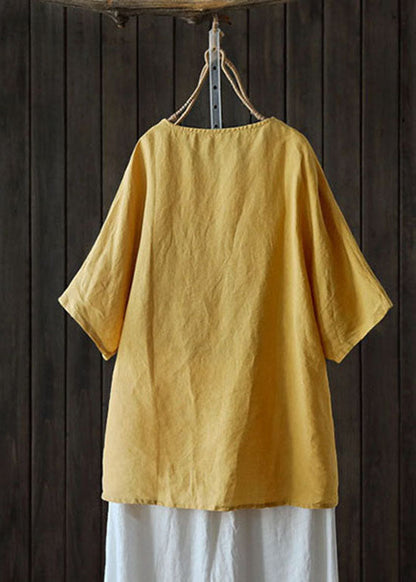 Classy Red Embroidered Low High Design V Neck Linen Shirt Top Short Sleeve