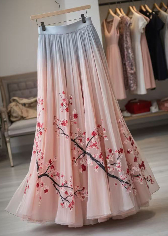 Pink Print Elastic Waist Chiffon Pleated Skirt Summer
