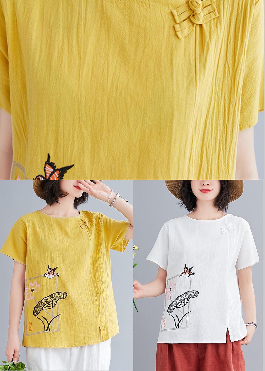 Fitted White Embroidered Lotus Blouse Tops Summer Cotton Linen
