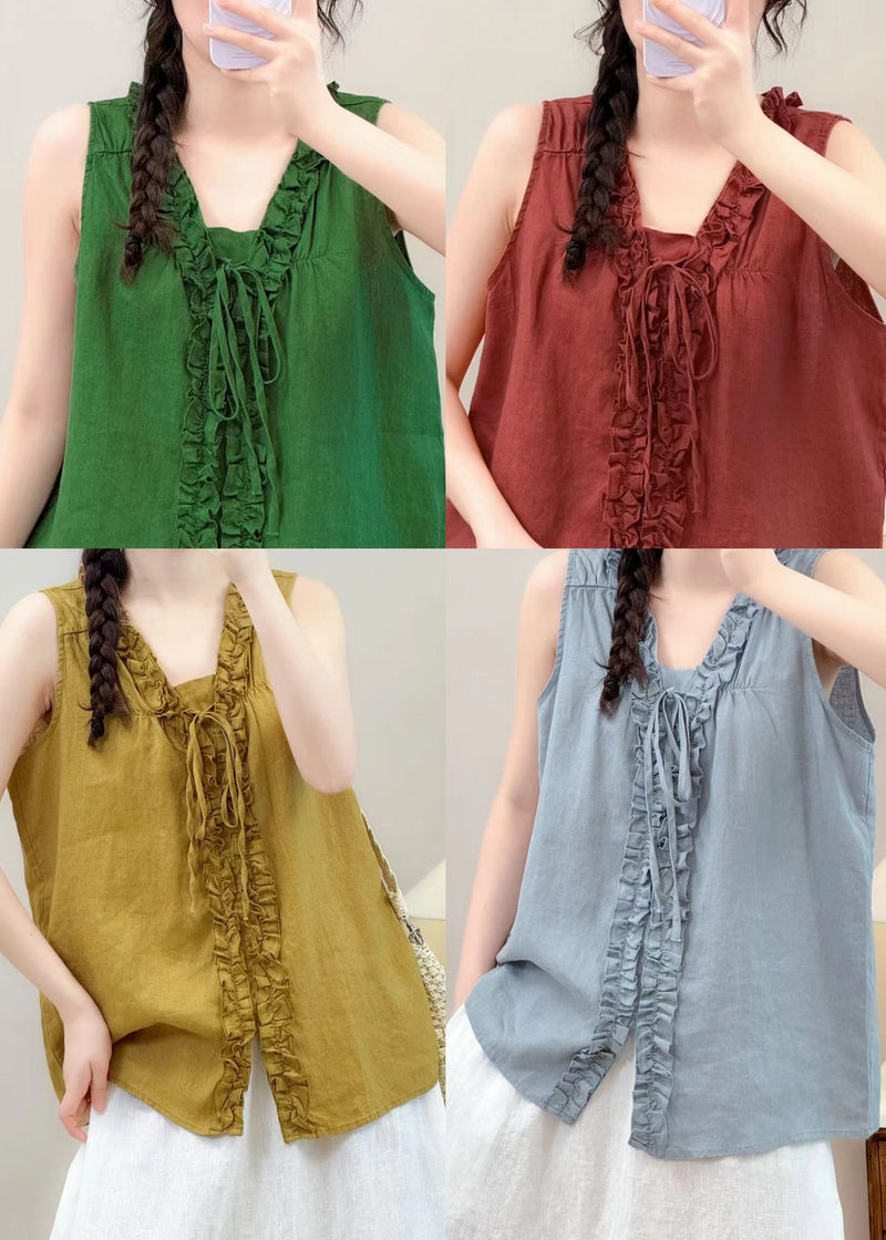 Sky Blue Linen Shirts Ruffled Lace Up Sleeveless