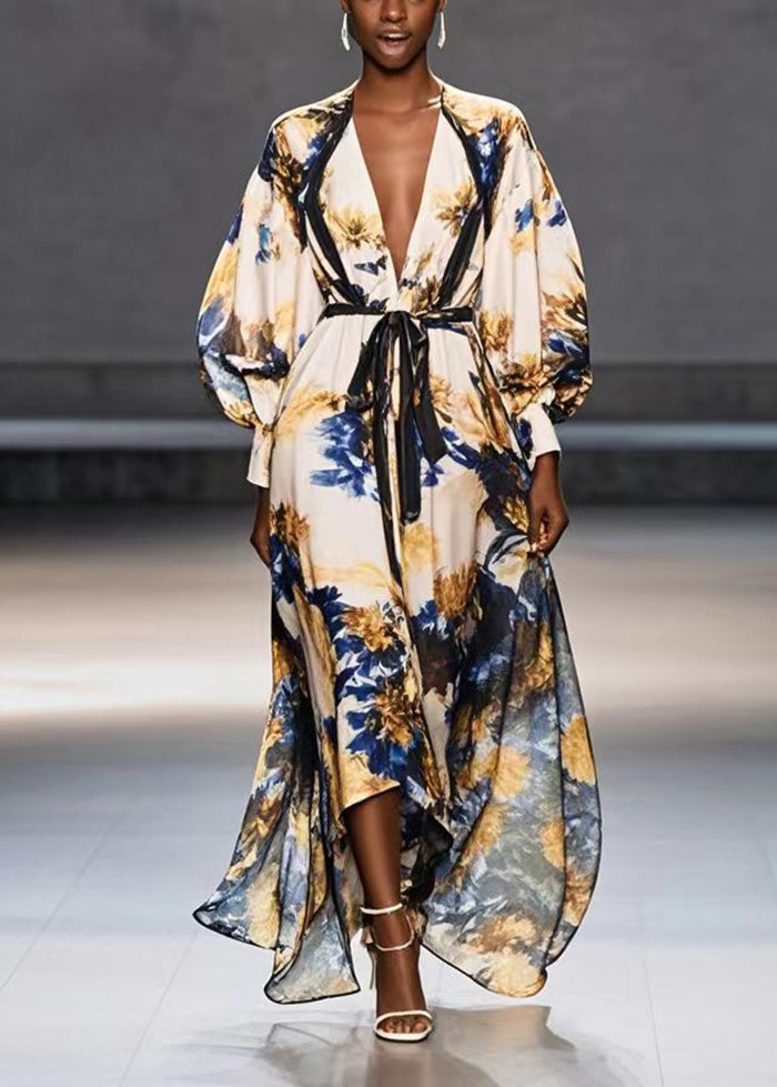 Apricot Tie Waist Print Chiffon Maxi Dresses Fall