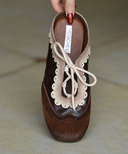 Chocolate Flat Embossed Lace Up Cowhide Leather Slippers