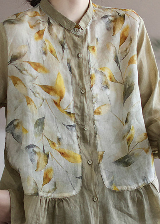 Khaki Peter Pan Collar Print Linen Shirt Long Sleeve