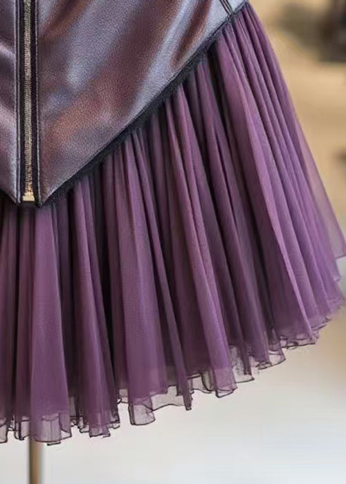 Purple Zippered Wrinkled Tulle Patchwork Skirts Spring