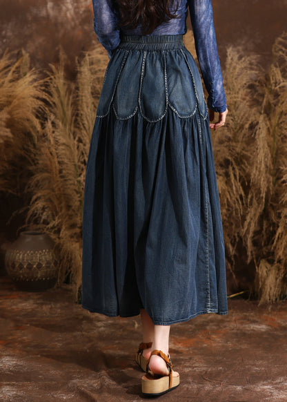 French Navy Patchwork Elastic Waist a Line Denim Skirts Summer
