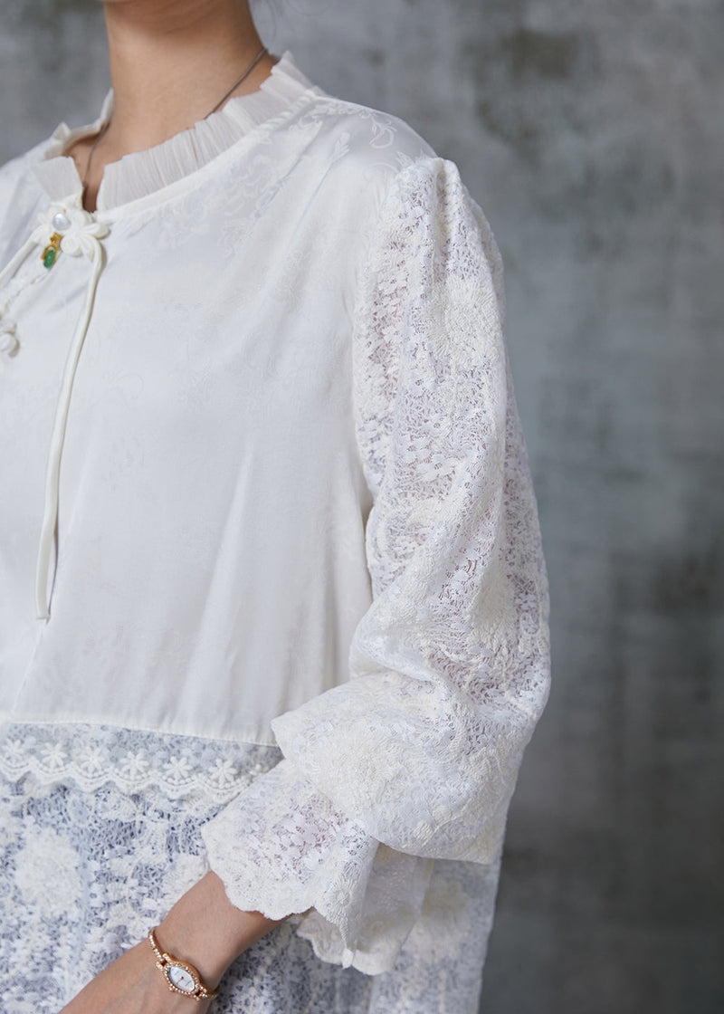 White Chinese Button Patchwork Lace Shirts Summer