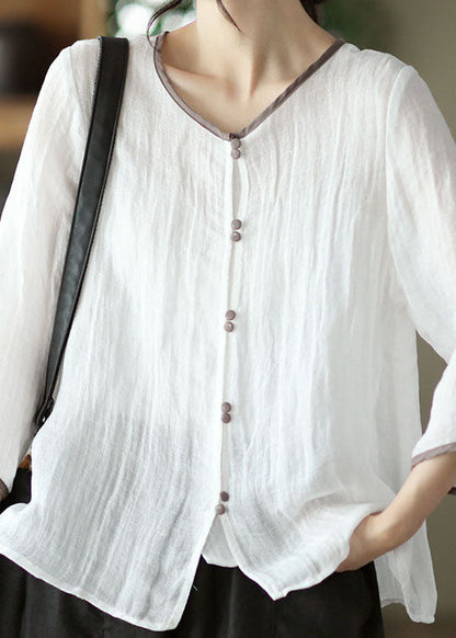 White O Neck Patchwork Linen Blouses Summer