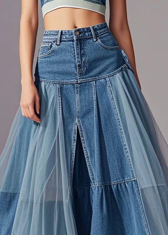 Blue Tulle Patchwork Exra Large Hem Denim Skirts Spring