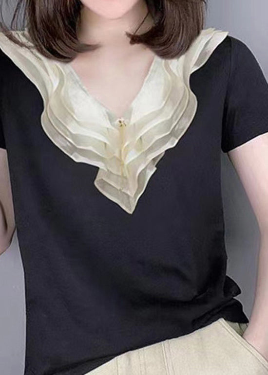 Style Black V Neck Ruffled Patchwork Silk Blouse Tops Summer