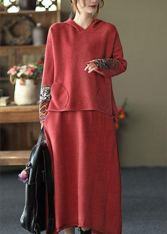 Red Oriental Hooded Knit Fall Two Pieces Set