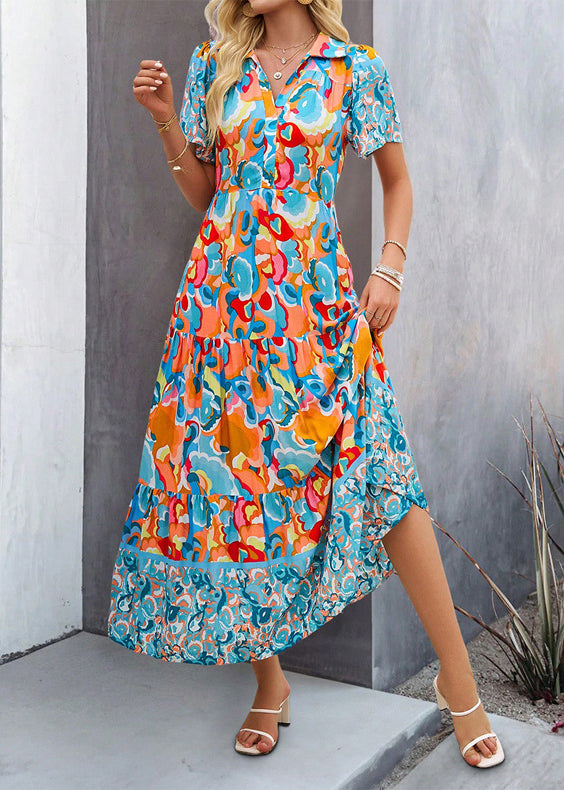 Green Peter Pan Collar Print Cotton Long Dress Summer