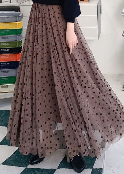 Coffee Wrinkled Print Patchwork Tulle Skirts Spring