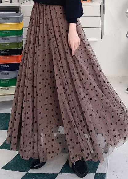 Coffee Wrinkled Print Patchwork Tulle Skirts Spring