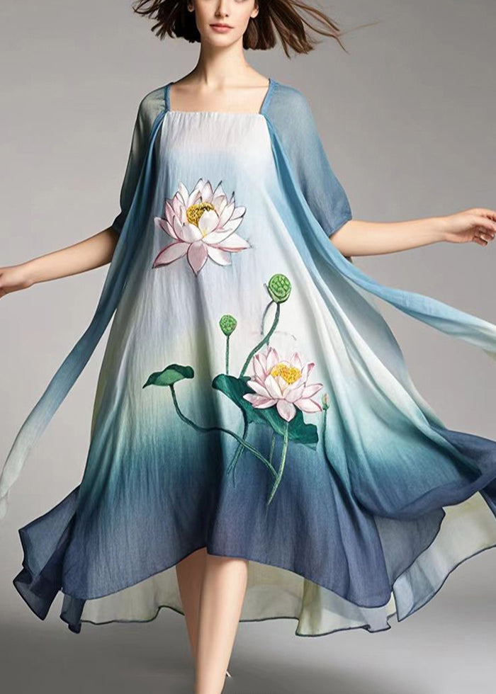 Gradient Color Lotus Print Cotton a Line Dress Summer