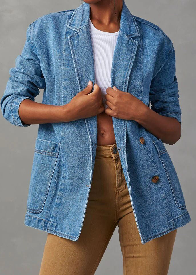 Boutique Blue Notched Pockets Button Denim Coats Fall