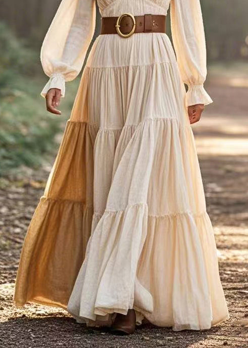 White V Neck Exra Large Hem Cotton Cinched Dress Spring