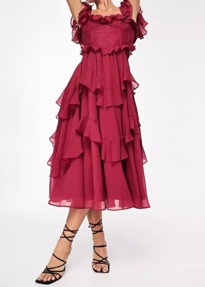 Red Backless Ruffled Cotton Long Dress Summer