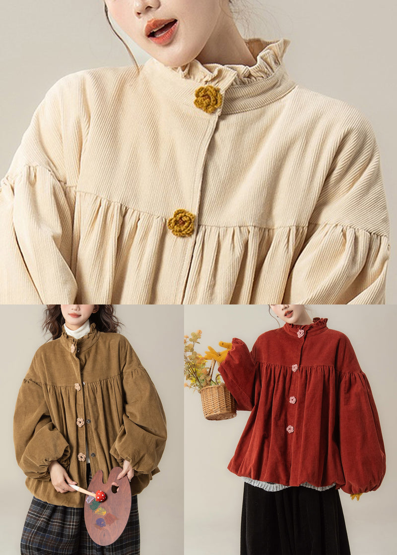 Beige Ruffled Corduroy Cotton Filled Parkas Winter