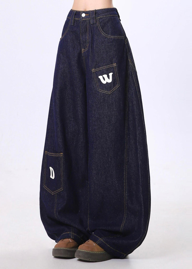 Navy Letter Print Denim Wide Leg Pants Spring