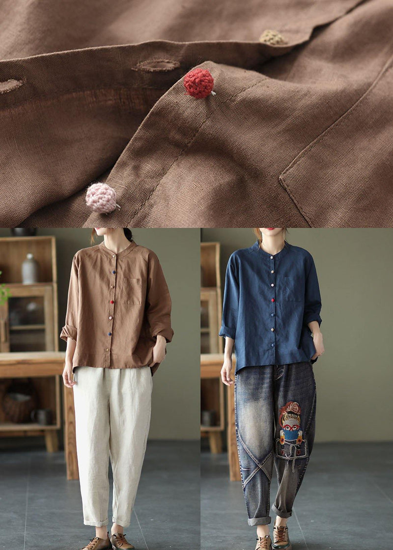 Modern White-yellow Flower Loose Patchwork Pockets Fall Long Sleeve Blouse Top