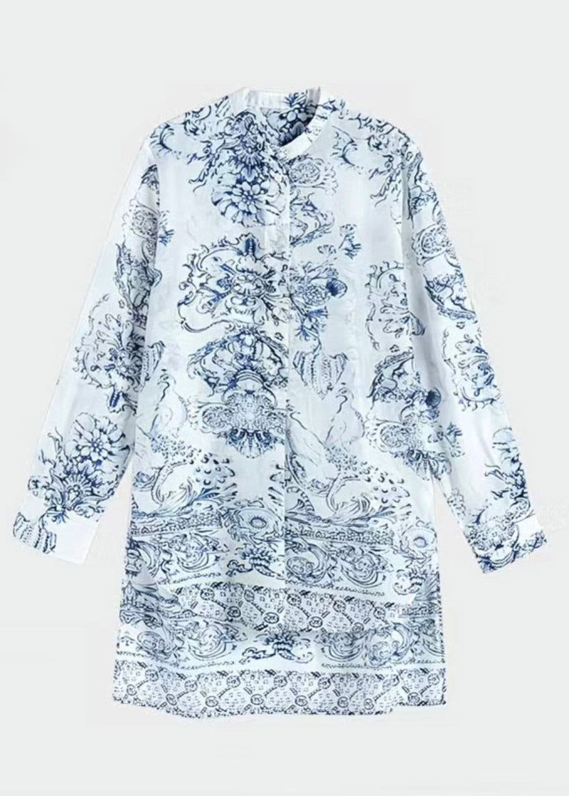 Chinese Style White Stand Collar Print Shirt Spring