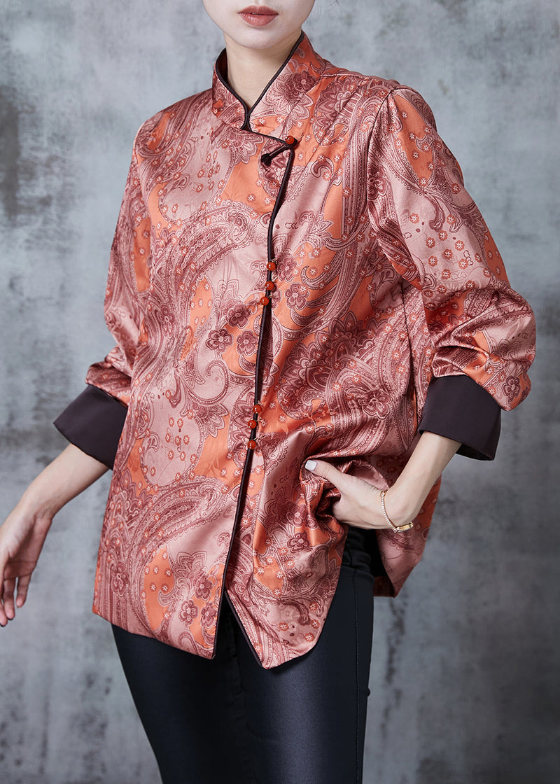 Brick Red Mandarin Collar Print Silk Shirt Spring