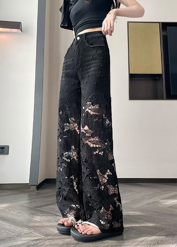 Modern Black Hollow Out Patchwork Denim Straight Pants Spring