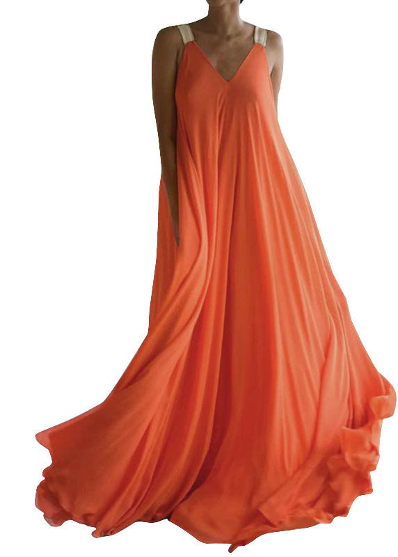 Orange V Neck Chiffon Long Dress Summer