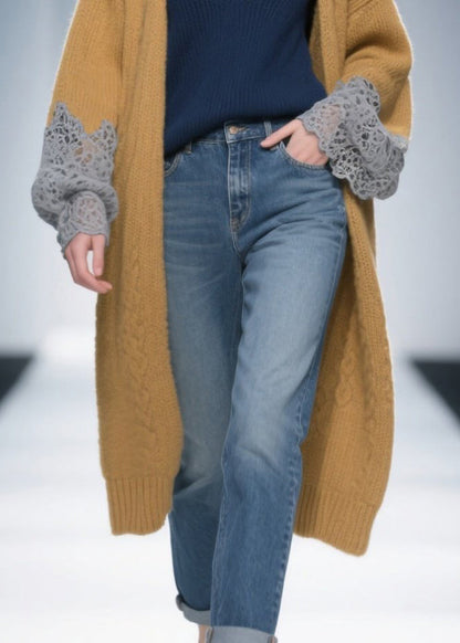 Brown Oversized Patchwork Lace Knit Long Cardigans Winter