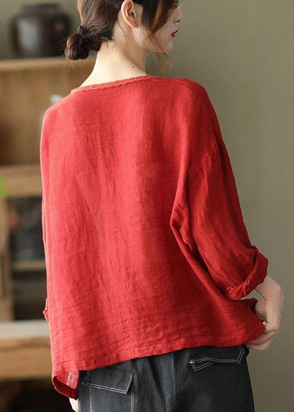 Modern Red Hollow Out Embroidered Pockets Fall Long Sleeve Shirt Tops