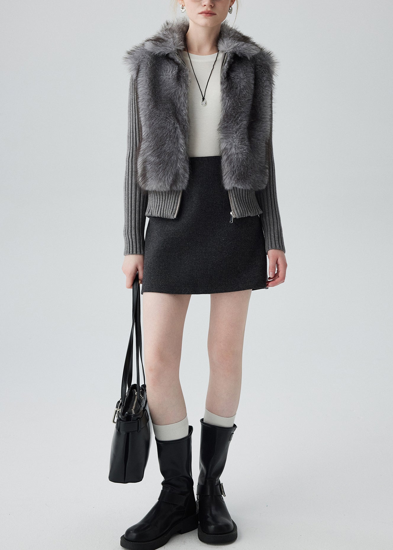 Grey Peter Pan Collar Patchwork Faux Fur Knit Cardigan Winter