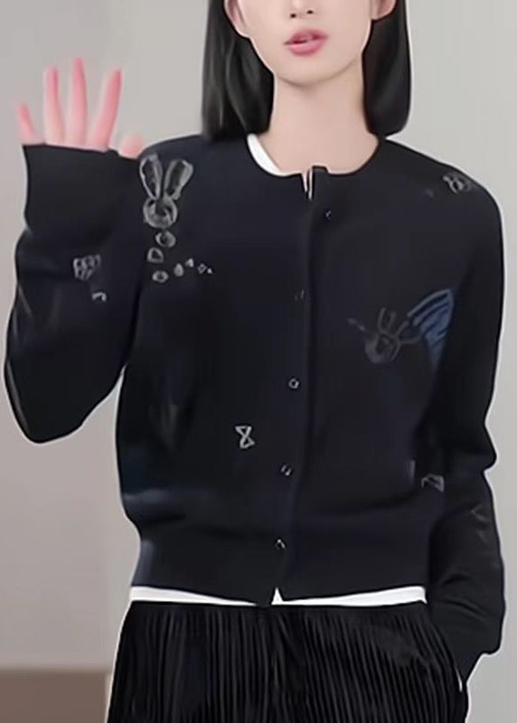 Black O Neck Button Print Knit Coat Fall