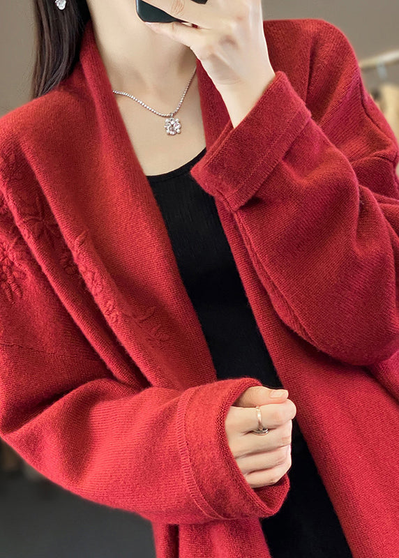 Loose Red V Neck Embroideried Cashmere Cardigan Top Fall