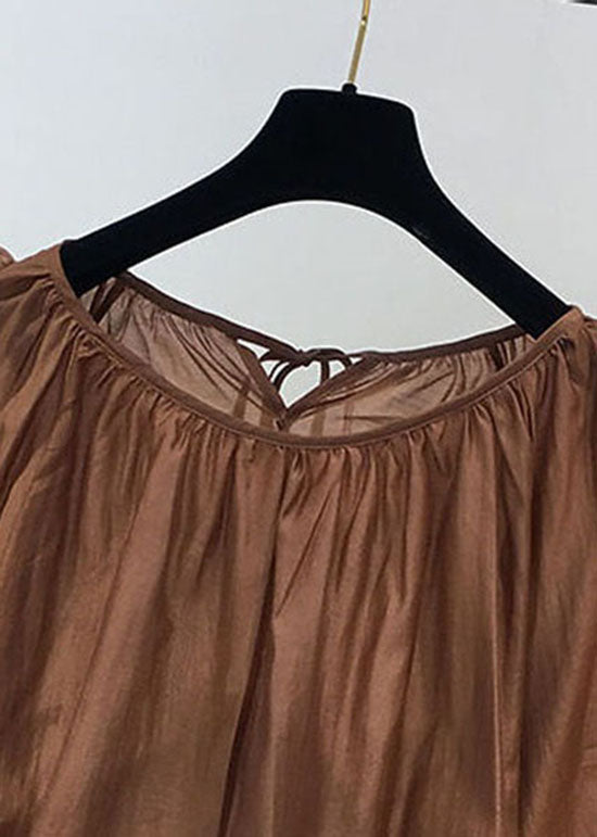 Coffee Patchwork Chiffon Shirt Tops Ruffled O-neck Summer