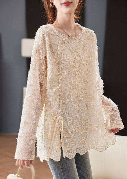 Beige Embroidered Nail Bead Lace Up Chiffon Shirt Spring